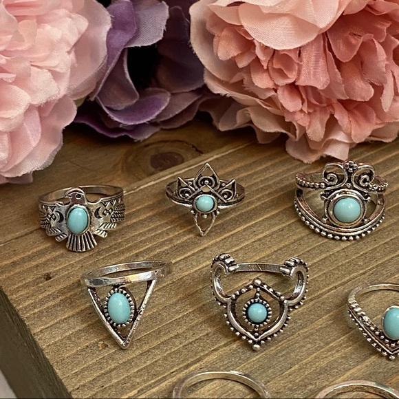 11 Pcs Tribal Silver Turquoise Gem Ring Set - Picture 9 of 16